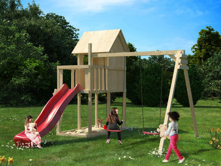 Karibu Stelzenhaus Frieda + Rutsche rot + Doppelschaukel + Anbauplattform