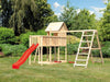 Karibu Stelzenhaus Frieda + Rutsche rot + Doppelschaukelanbau Klettergerüst + Anbauplattform