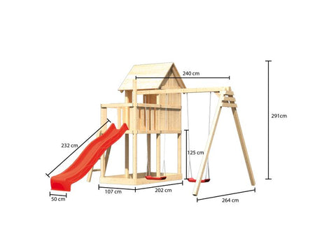 Karibu Stelzenhaus Frieda + Rutsche rot + Doppelschaukel