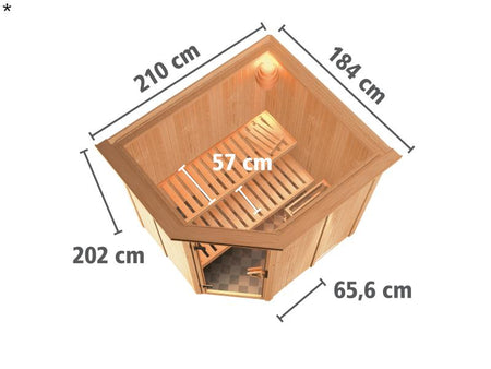 Lilja - Karibu Sauna Plug & Play 3,6 kW Bio Ofen, ext. Steuerung - mit Dachkranz - Klarglas Ganzglas