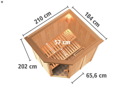 Lilja - Karibu Sauna Plug & Play inkl. 3,6 kW-Ofen - mit Dachkranz -