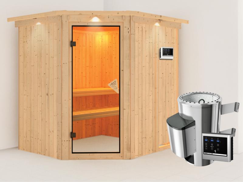 Lilja - Karibu Sauna Plug & Play inkl. 3,6 kW-Ofen - mit Dachkranz -
