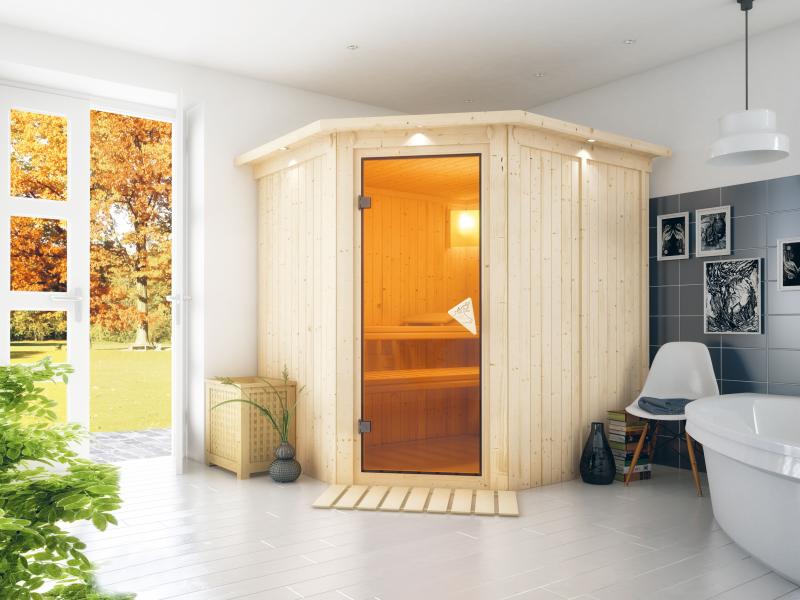 Lilja - Karibu Sauna Plug & Play ohne Ofen - mit Dachkranz -