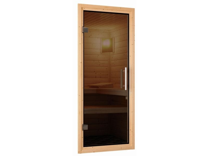 Lilja - Karibu Sauna Plug & Play ohne Ofen - mit Dachkranz - Moderne Saunatür
