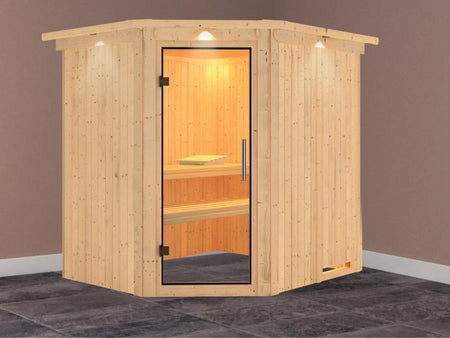 Lilja - Karibu Sauna Plug & Play ohne Ofen - mit Dachkranz - Klarglas Ganzglastür