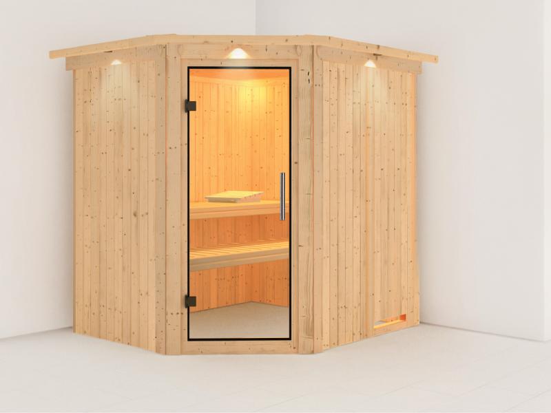 Lilja - Karibu Sauna Plug & Play ohne Ofen - mit Dachkranz - Klarglas Ganzglastür