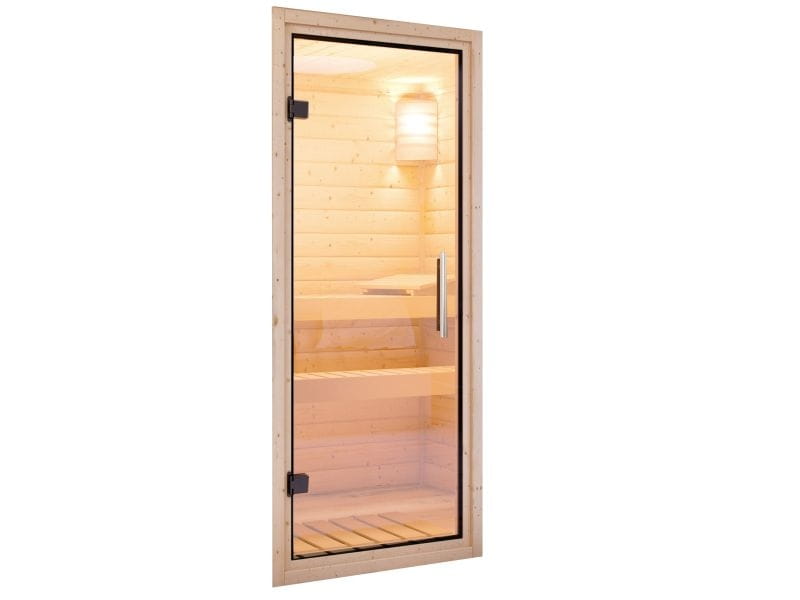 Lilja - Karibu Sauna Plug & Play ohne Ofen - mit Dachkranz - Klarglas Ganzglastür