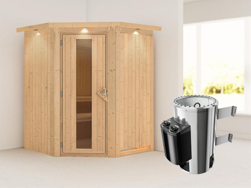 Nanja - Karibu Sauna Plug & Play 3,6 kW Ofen, int. Steuerung - mit Dachkranz - Energiespartür