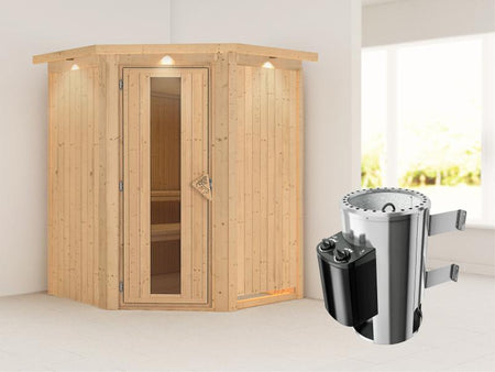 Nanja - Karibu Sauna Plug & Play 3,6 kW Ofen, int. Steuerung - mit Dachkranz - Energiespartür