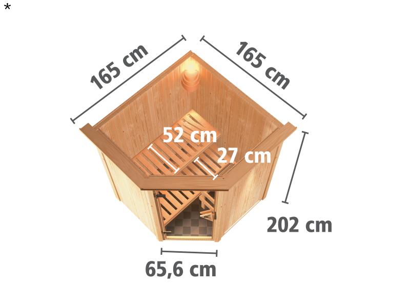 Nanja - Karibu Sauna Plug & Play inkl. 3,6 kW-Ofen - mit Dachkranz -