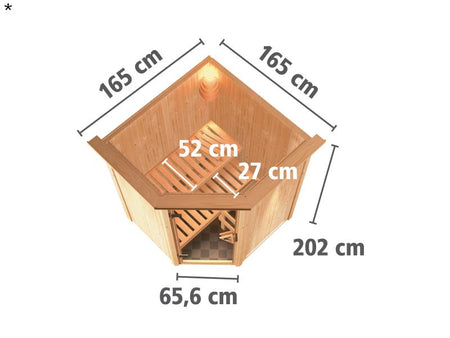 Nanja - Karibu Sauna Plug & Play inkl. 3,6 kW-Ofen - mit Dachkranz -