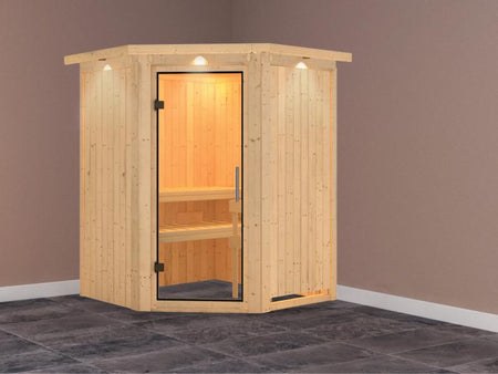 Nanja - Karibu Sauna Plug & Play ohne Ofen - mit Dachkranz - Klarglas Ganzglastür