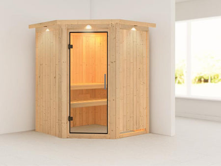 Nanja - Karibu Sauna Plug & Play ohne Ofen - mit Dachkranz - Klarglas Ganzglastür