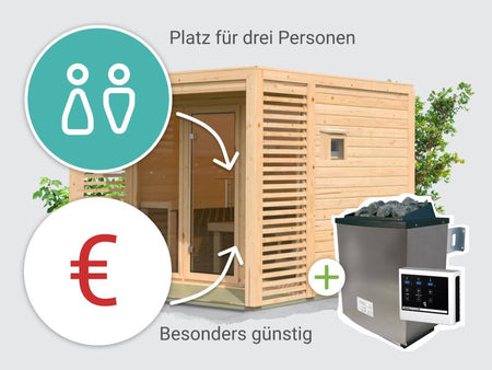 Osb samrt choice Saunahaus Patio 3, 38 mm naturbelassen -inkl. 9 kW Ofen ext. Steuerung- inkl. Dache