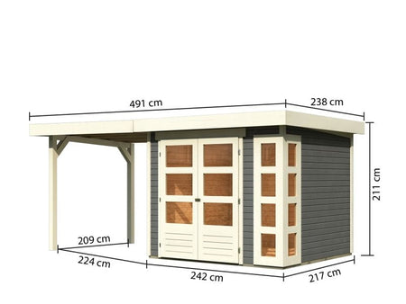 Osb smart choice Gartenhaus Kerken 3 terragrau inkl. Fußboden und Anbaudach 2,40 m