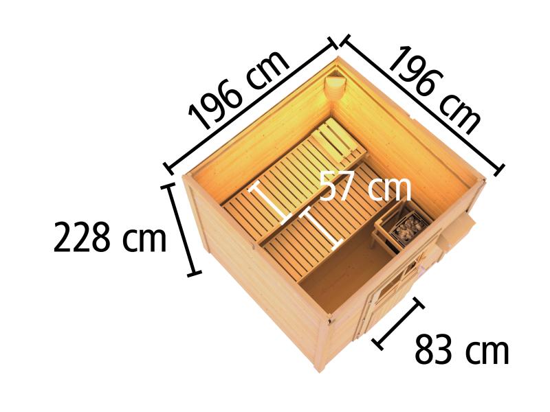 Osb smart choice Saunahaus Hella 2  38 mm - inkl. 9 kW Ofen ext. Steuerung - mit Dacheindeckung und