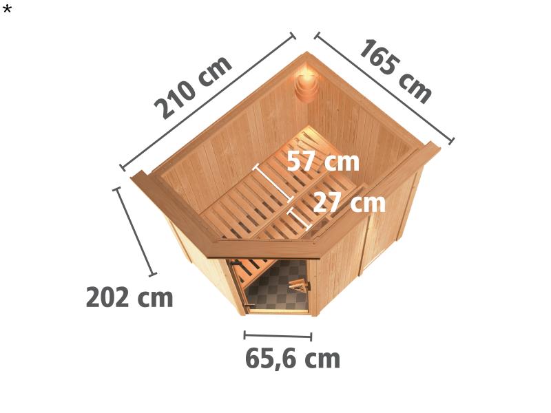 Saja - Karibu Sauna Plug & Play 3,6 kW Ofen, ext. Steuerung - mit Dachkranz - Klarglas Ganzglastür