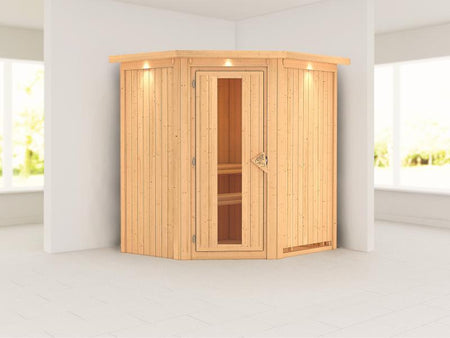 Taurin - Karibu Sauna ohne Ofen - mit Dachkranz -mit Energiespar Saunatür