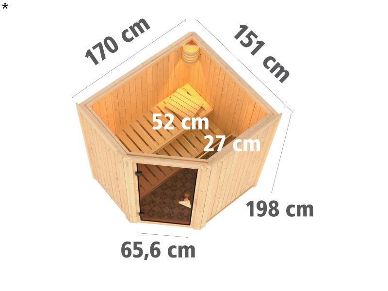Tonja - Karibu Sauna Plug & Play 3,6 kW Ofen, ext. Steuerung - ohne Dachkranz - Moderne Saunatür