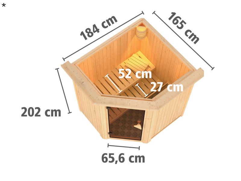 Tonja - Karibu Sauna Plug & Play 3,6 kW Ofen, ext. Steuerung - mit Dachkranz - Moderne Saunatür
