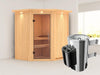 Tonja - Karibu Sauna Plug & Play 3,6 kW Ofen, int. Steuerung - mit Dachkranz - Klarglas Ganzglastür