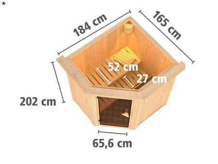 Tonja - Karibu Sauna Plug & Play 3,6 kW Ofen, int. Steuerung - mit Dachkranz - Klarglas Ganzglastür