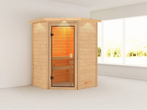 Karibu Woodfeeling Sauna Antonia mit Dachkranz 38 mm Karibu Woodfeeling Sauna Antonia mit Dachkranz 38 mm