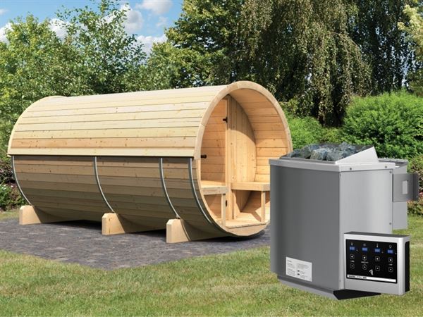 Karibu Fass - Sauna 4 42 mm inkl. 9-kW-Bioofen - Saunahaus Karibu Fass - Sauna 4 42 mm inkl. 9-kW-Bioofen - Saunahaus