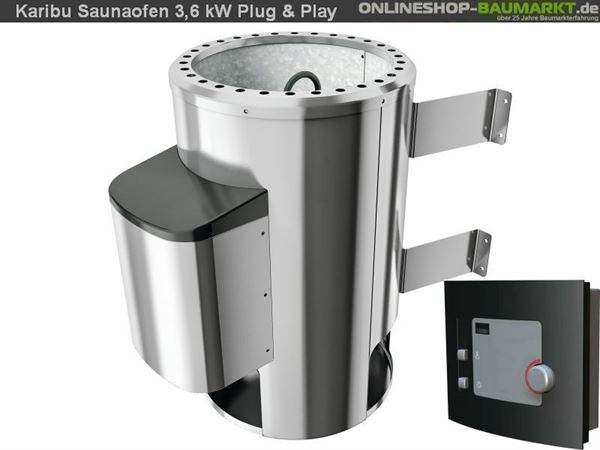 Karibu Saunaofen Plug & Play 3,6 kW externe Steuerung steckerfertig Karibu Saunaofen Plug & Play 3,6 kW externe Steuerung steckerfertig
