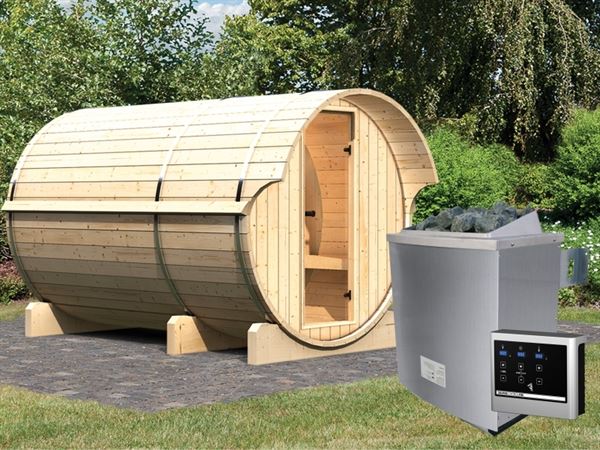 Karibu Fass - Sauna 3 42 mm inkl. 9-kW-Ofen - Saunahaus Karibu Fass - Sauna 3 42 mm inkl. 9-kW-Ofen - Saunahaus