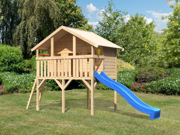 Akubi Spielhaus Sassi mit Rutsche 2,5 m blau und Spielset Akubi Spielhaus Sassi mit Rutsche 2,5 m blau und Spielset