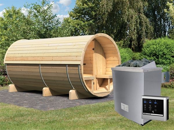 Karibu Fass - Sauna 4 42 mm inkl. 9-kW-Ofen - Saunahaus Karibu Fass - Sauna 4 42 mm inkl. 9-kW-Ofen - Saunahaus