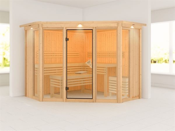 Karibu Sauna Alcinda mit Dachkranz- ohne Ofen 68 mm Karibu Sauna Alcinda mit Dachkranz- ohne Ofen 68 mm