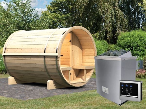 Karibu Fass - Sauna 2 42 mm inkl. 9-kW-Ofen - Saunahaus Karibu Fass - Sauna 2 42 mm inkl. 9-kW-Ofen - Saunahaus